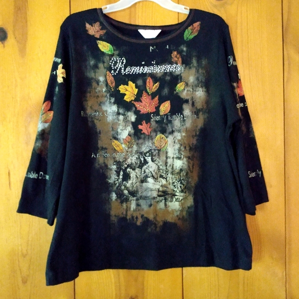 C.J.Banks Fall Motif Knit Cotton 3/4 Sleeve Top